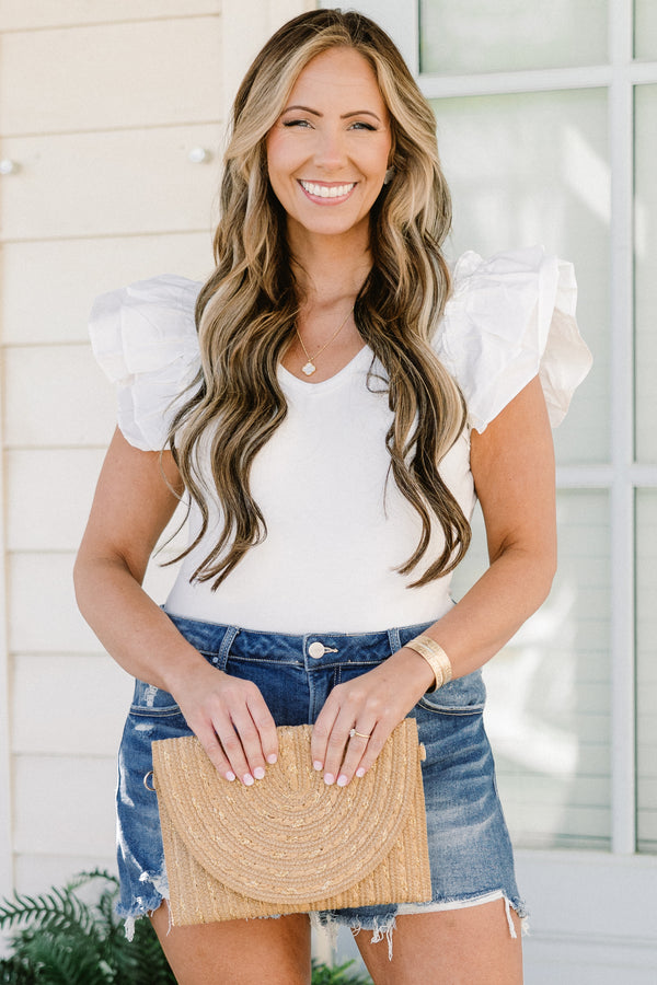 Chic Soul plus size clothing, mid-waisted medium wash denim distressed shorts with a silver button detail and a distressed hemline