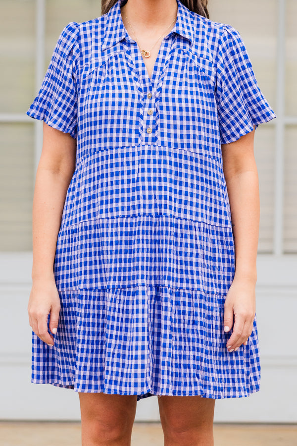 Chic Soul plus size clothing, colbat blue and white gingham patterned tiered dress with a collar and buttons on the neckline
