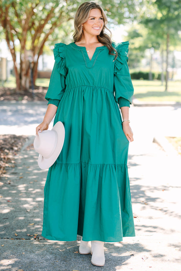 Chic Soul plus size clothing, green long sleeve maxi dress with tiered detail and v cutout along neckline with smocked cuff sleeves with ruffle detail on shoulders 