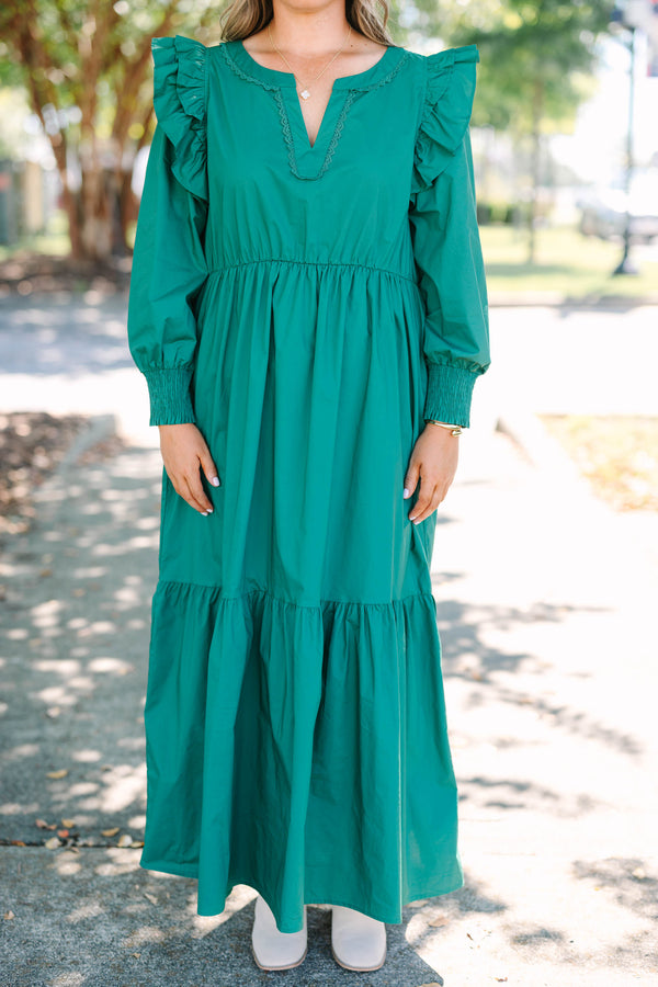 Chic Soul plus size clothing, green long sleeve maxi dress with tiered detail and v cutout along neckline with smocked cuff sleeves with ruffle detail on shoulders 
