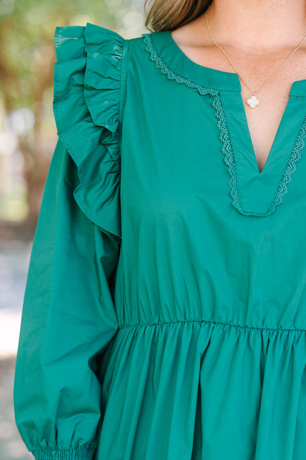 Chic Soul plus size clothing, green long sleeve maxi dress with tiered detail and v cutout along neckline with smocked cuff sleeves with ruffle detail on shoulders 