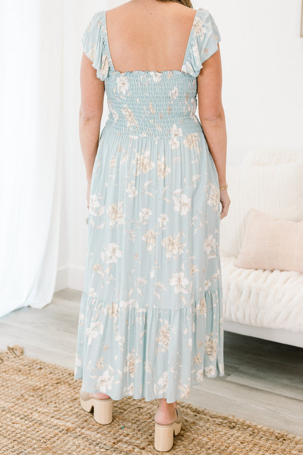 Chic Soul plus size clothing, light blue thick strap flowy ruffled maxi dress with a smocked bodice with a square-neckline and an ivory subtle floral pattern 