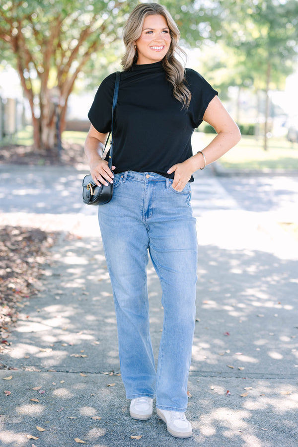 Plus size clothing, high rise medium wash boot cut denim jeans