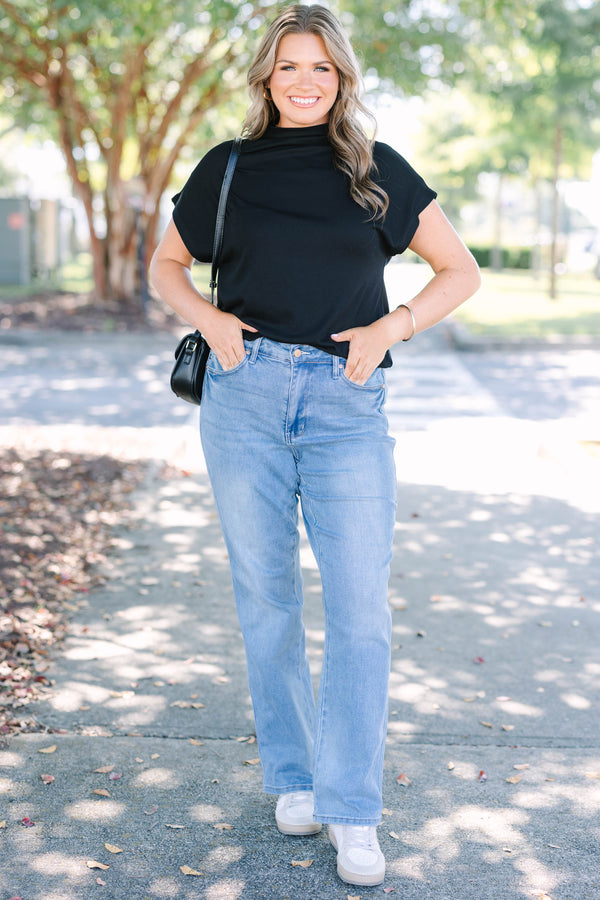 Plus size clothing, high rise medium wash boot cut denim jeans