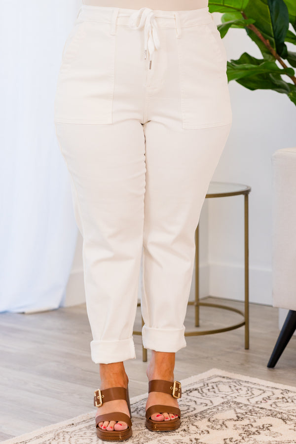 Chic Soul plus size clothing, mid-waisted white denim joggers with waist tie