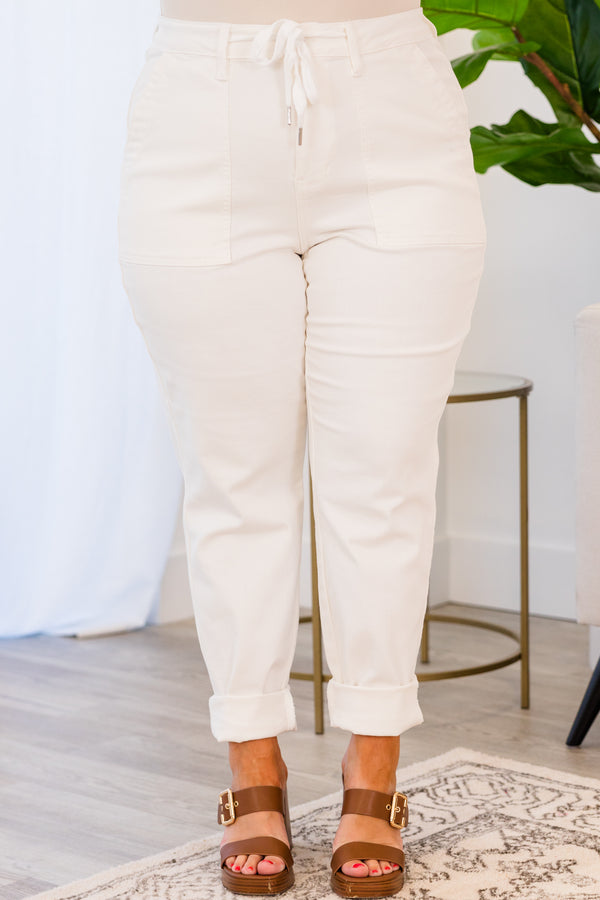 Chic Soul plus size clothing, mid-waisted white denim joggers with waist tie