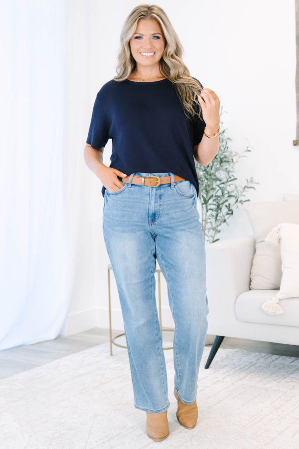 High Rise Tummy Control Contrast Wash Straight Jeans in medium wash