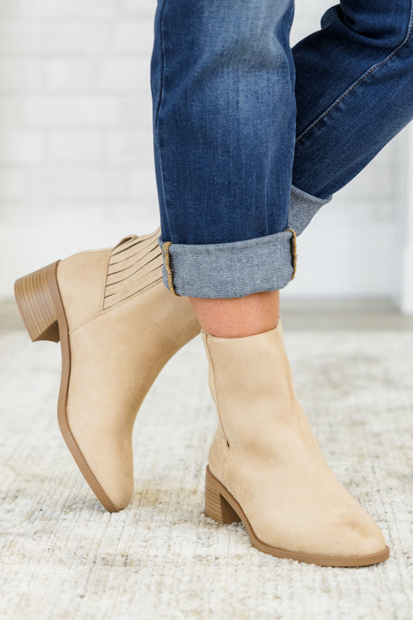 Chic Soul plus size clothing, camel tan brown chelsea booties with light brown wedge heel