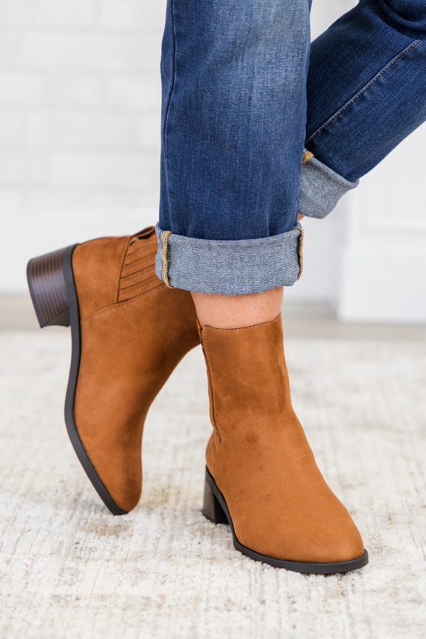 Chic Soul plus size clothing, russet copper brown chelsea booties with a black wedge heel