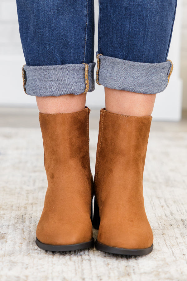 Chic Soul plus size clothing, russet copper brown chelsea booties with a black wedge heel