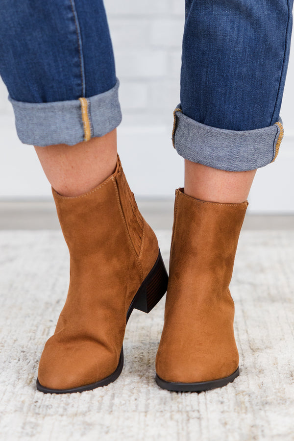 Chic Soul plus size clothing, russet copper brown chelsea booties with a black wedge heel