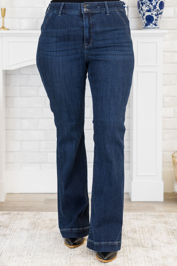 Chic Soul plus size clothing, flare denim with 2 button closure and an elastic waistband