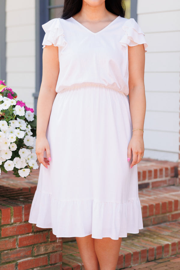 Chic Soul plus size clothing, white midi dress with a cinched waistline and ruffle sleeves