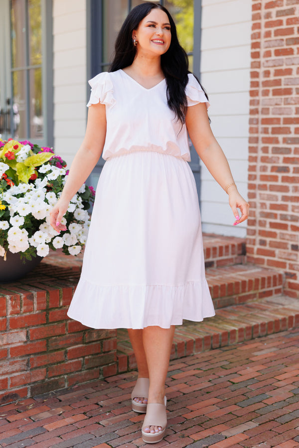 Chic Soul plus size clothing, white midi dress with a cinched waistline and ruffle sleeves
