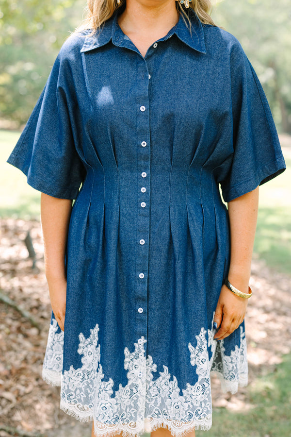 Plus Size dark denim button-down dress with short sleeves, a collared neck, and white lace hem.
