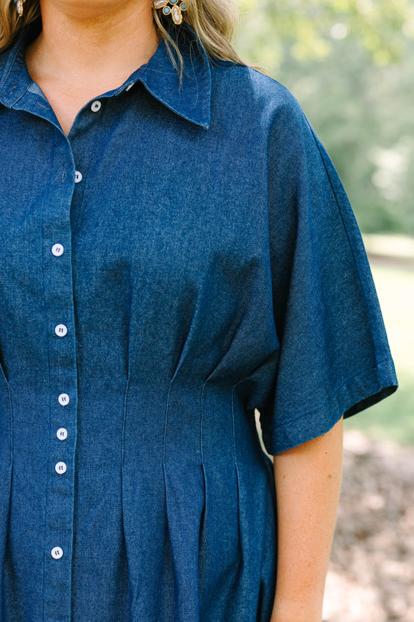Plus Size dark denim button-down dress with short sleeves, a collared neck, and white lace hem.