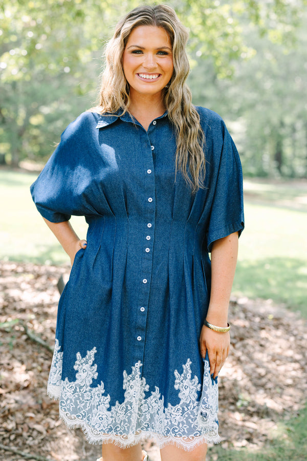 Plus Size dark denim button-down dress with short sleeves, a collared neck, and white lace hem.
