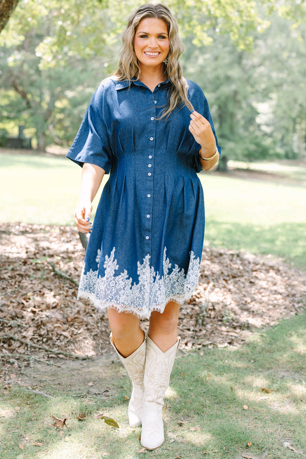 Plus Size dark denim button-down dress with short sleeves, a collared neck, and white lace hem.