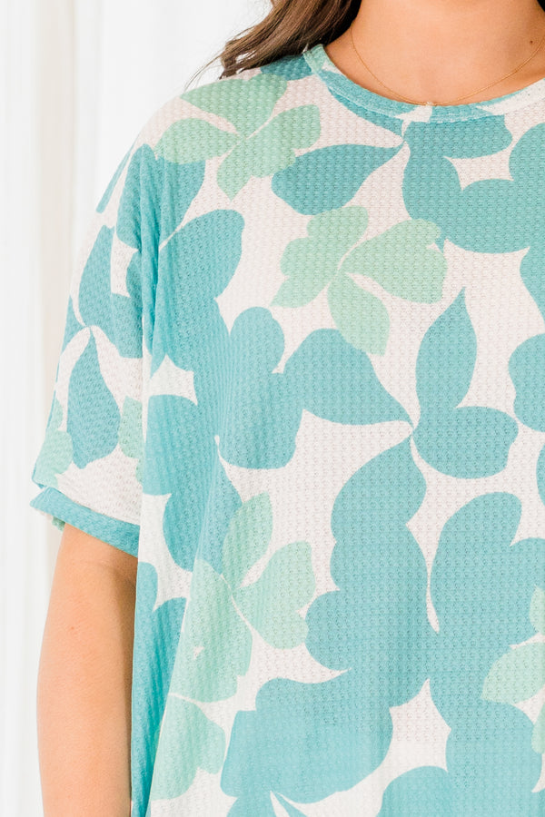 Chic Soul plus size clothing, short sleeve white top with mint green floral pattern