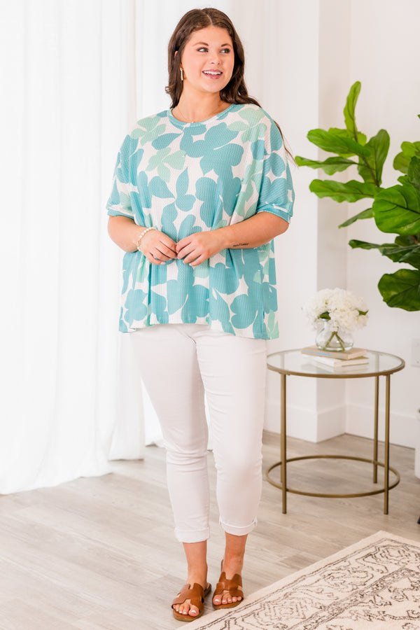 Chic Soul plus size clothing, short sleeve white top with mint green floral pattern
