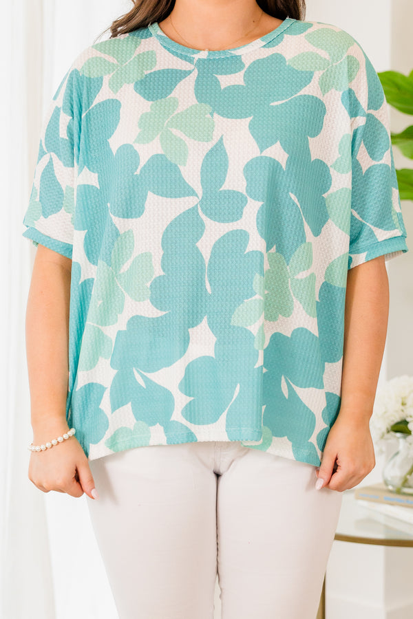 Chic Soul plus size clothing, short sleeve white top with mint green floral pattern