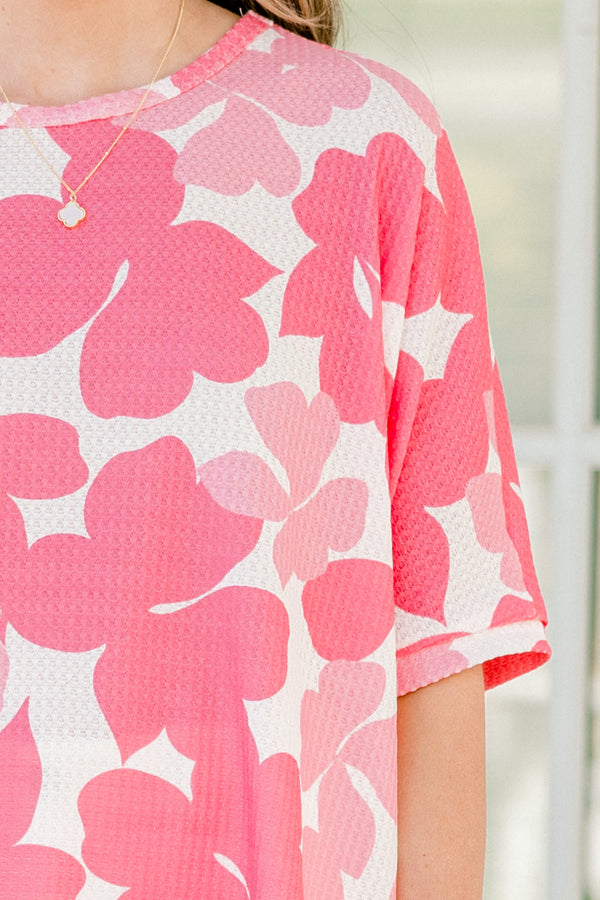 Chic Soul plus size clothing, dark and light pink floral relaxed fit short sleeve top