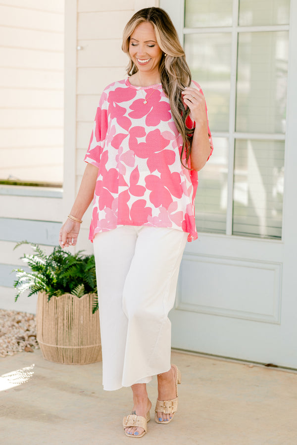 Chic Soul plus size clothing, dark and light pink floral relaxed fit short sleeve top