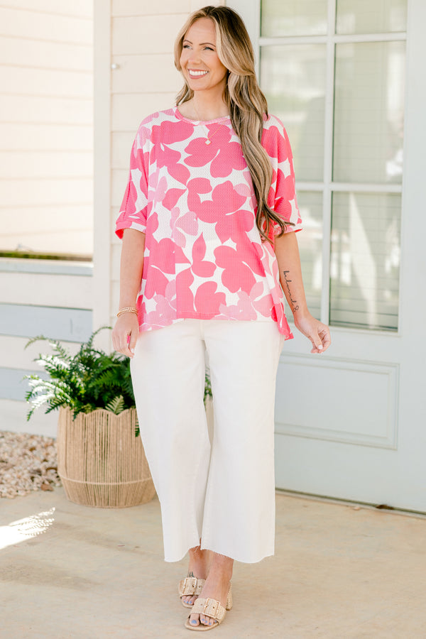 Chic Soul plus size clothing, dark and light pink floral relaxed fit short sleeve top