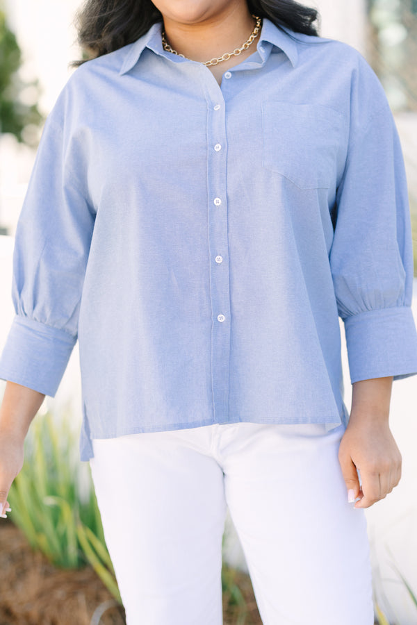 Chic Soul plus size clothing, light denim blue long sleeve button up top