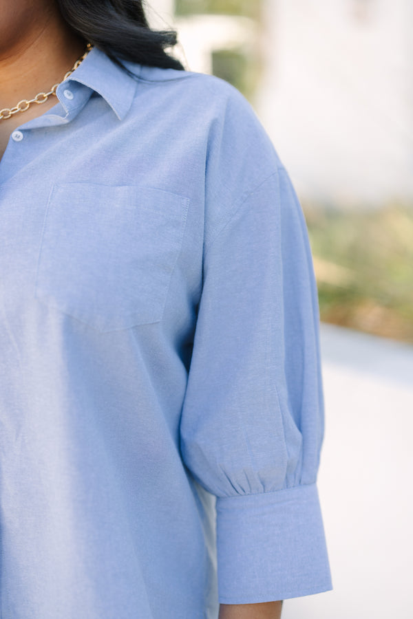 Chic Soul plus size clothing, light denim blue long sleeve button up top