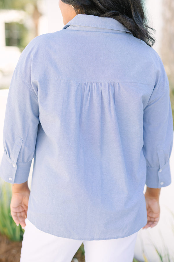 Chic Soul plus size clothing, light denim blue long sleeve button up top