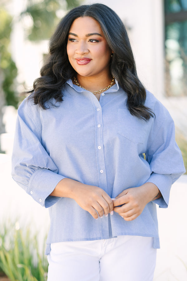 Chic Soul plus size clothing, light denim blue long sleeve button up top