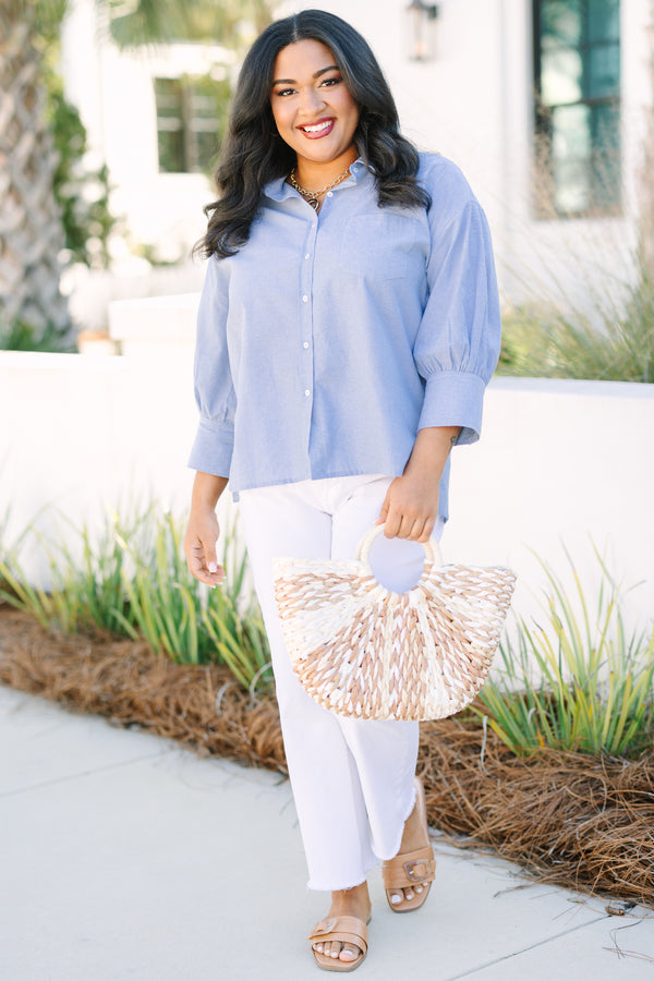 Chic Soul plus size clothing, light denim blue long sleeve button up top