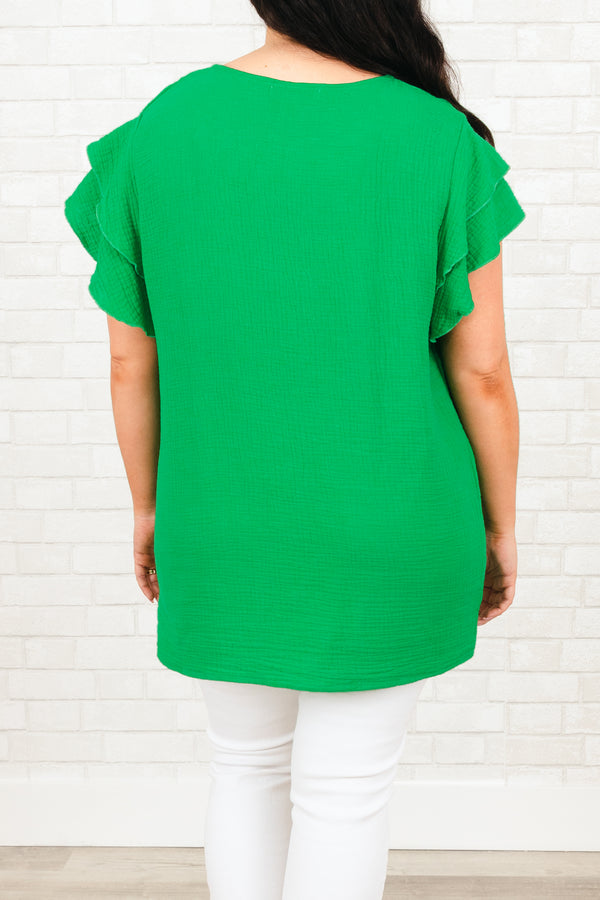 Chic Soul plus size clothing, kelly green top with ruffle sleeves