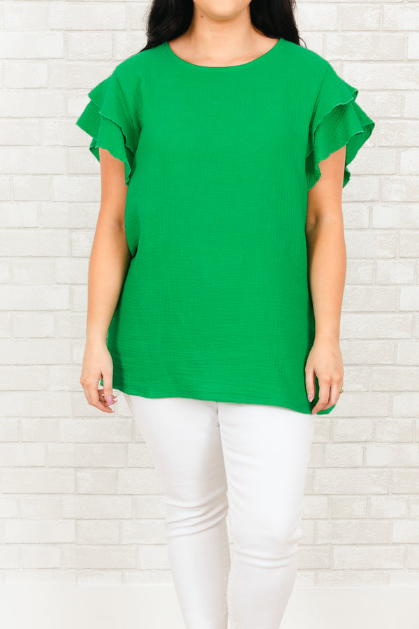 Chic Soul plus size clothing, kelly green top with ruffle sleeves