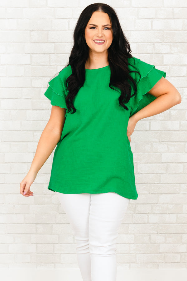Chic Soul plus size clothing, kelly green top with ruffle sleeves