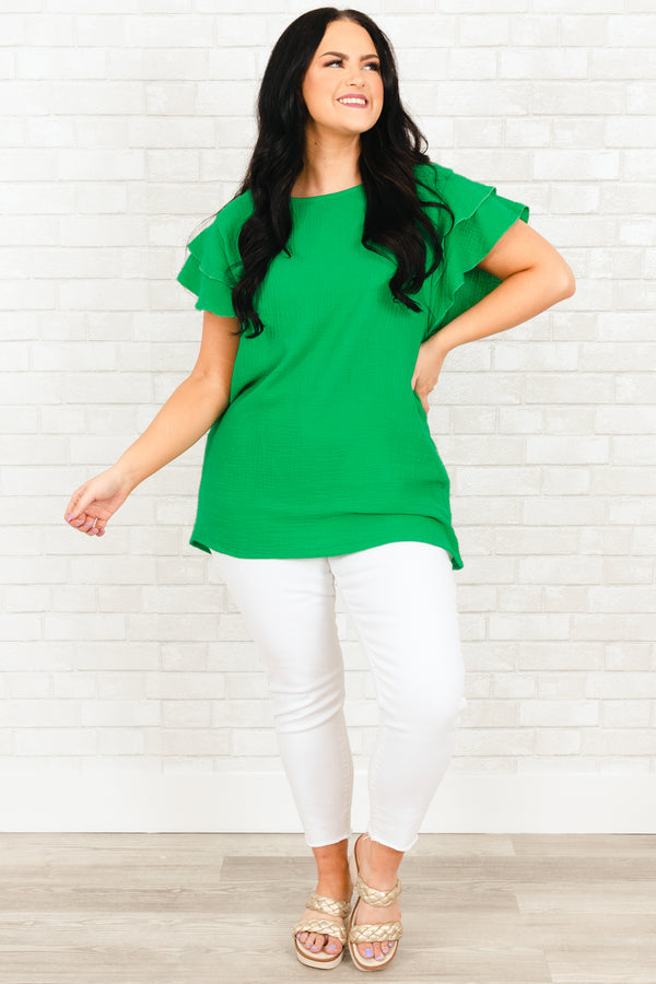 Chic Soul plus size clothing, kelly green top with ruffle sleeves