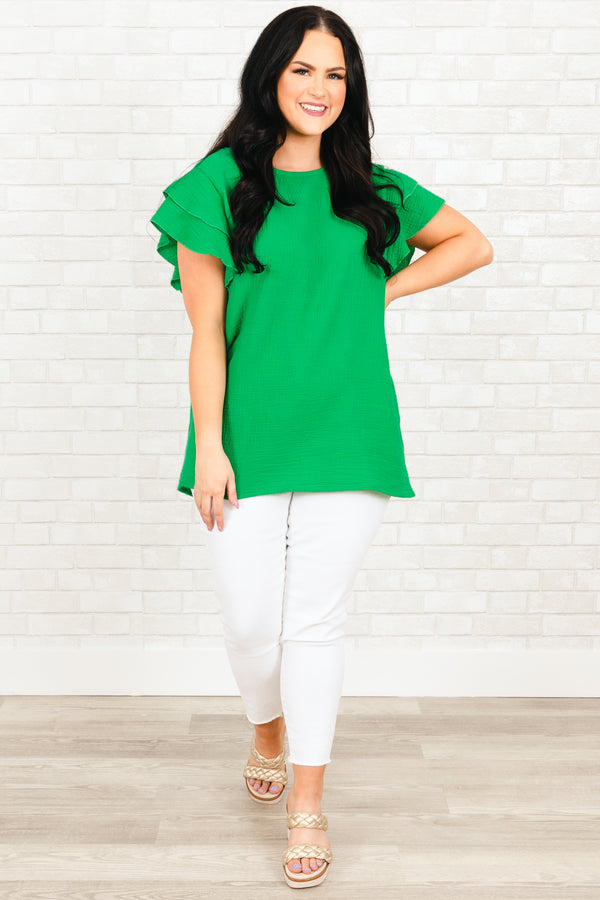 Chic Soul plus size clothing, kelly green top with ruffle sleeves
