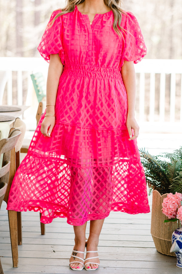 Chic Soul plus size clothing, pink midi dress with puff short sleeves and abstract mesh pattern and elastic waistband 
