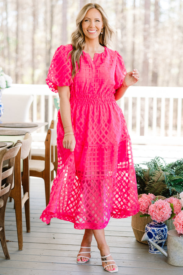 Chic Soul plus size clothing, pink midi dress with puff short sleeves and abstract mesh pattern and elastic waistband 