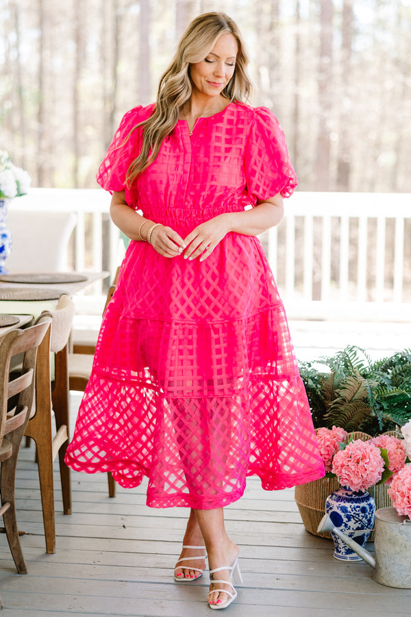Chic Soul plus size clothing, pink midi dress with puff short sleeves and abstract mesh pattern and elastic waistband 