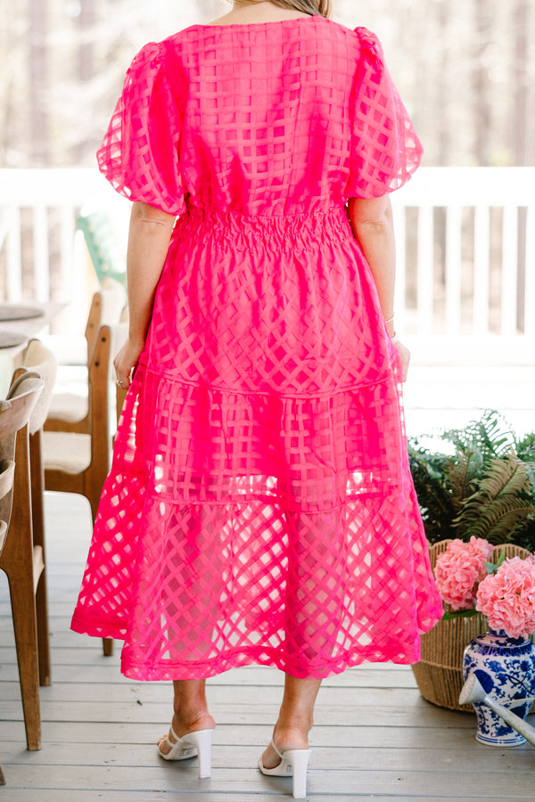 Chic Soul plus size clothing, pink midi dress with puff short sleeves and abstract mesh pattern and elastic waistband 