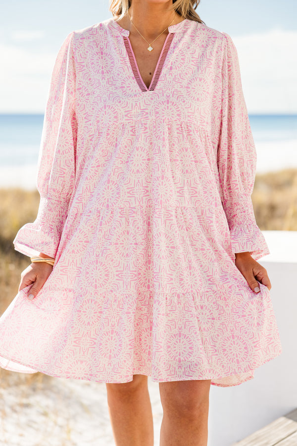 Chic Soul plus size clothing, puffed-quarter-sleeve pink ruffled light pink dress with a split-v-neckline and a geometric watercolor pattern