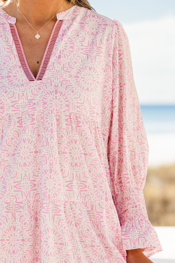 Chic Soul plus size clothing, puffed-quarter-sleeve pink ruffled light pink dress with a split-v-neckline and a geometric watercolor pattern