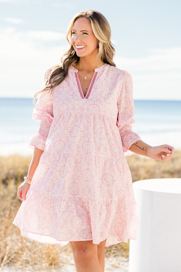 Chic Soul plus size clothing, puffed-quarter-sleeve pink ruffled light pink dress with a split-v-neckline and a geometric watercolor pattern