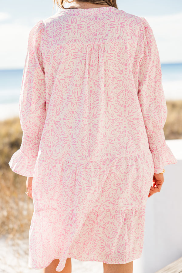 Chic Soul plus size clothing, puffed-quarter-sleeve pink ruffled light pink dress with a split-v-neckline and a geometric watercolor pattern