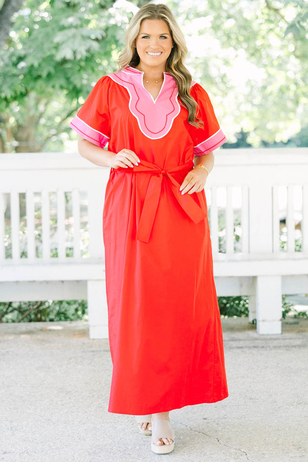 Plus Size red cotton midi dress with pink contrast trim, V-neckline, and adjustable waist belt.