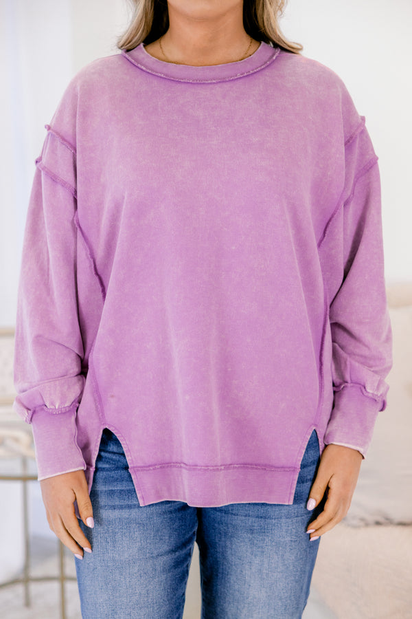Chic Soul plus size clothing, bright violet purple long sleeve sweatshirt with side slits and exposed seam at the shoulders