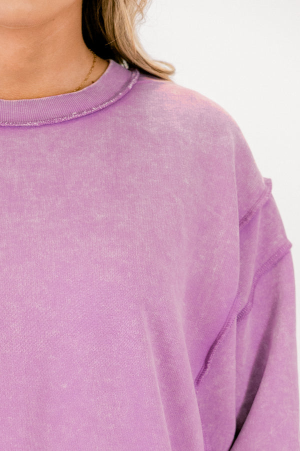 Chic Soul plus size clothing, bright violet purple long sleeve sweatshirt with side slits and exposed seam at the shoulders