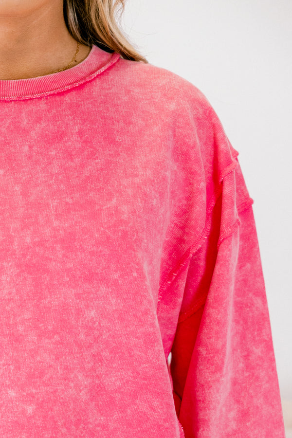 Chic soul plus size clothing, fuchsia crewneck pullover with reverse hem detailing 
